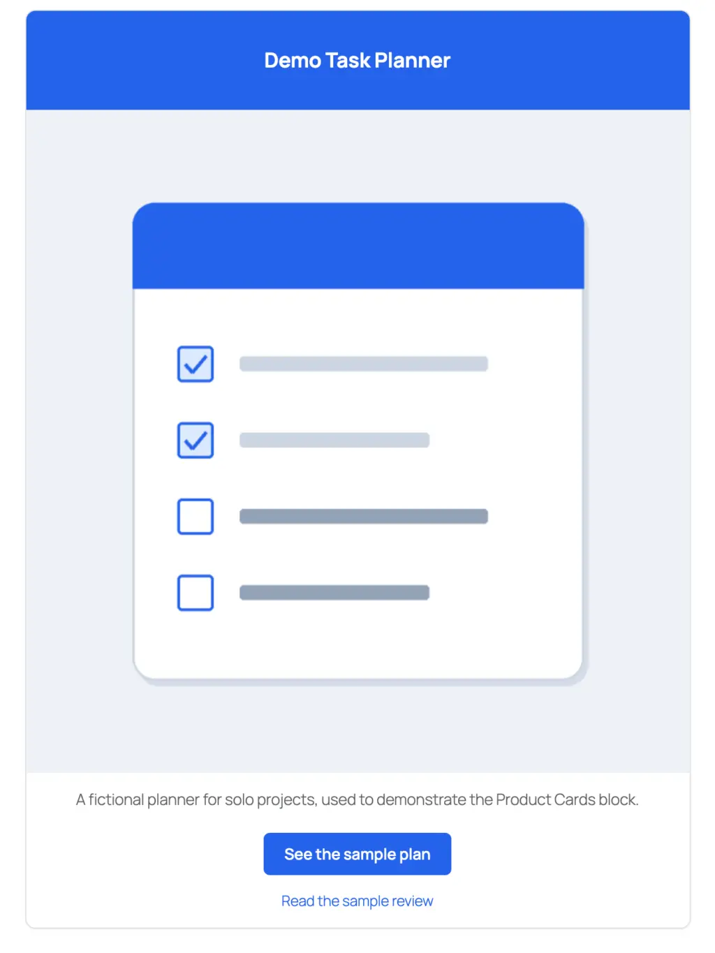 Product card for a fictional Demo Task Planner with a blue title bar, an image, a short description, a button and a text link