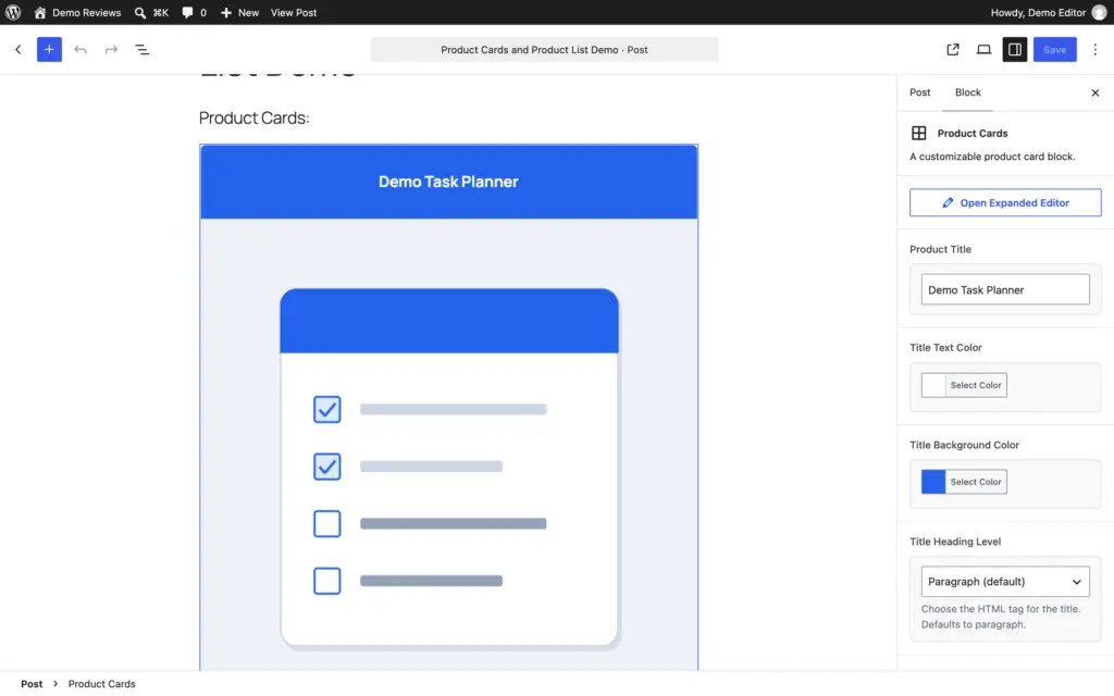 Product Cards block selected with the Product Title, title colors and heading level fields in the sidebar