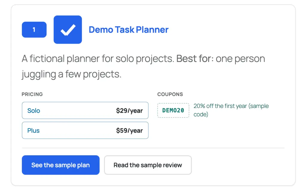 Product List entry with a rank badge, logo, description, two pricing rows, a sample coupon and two buttons