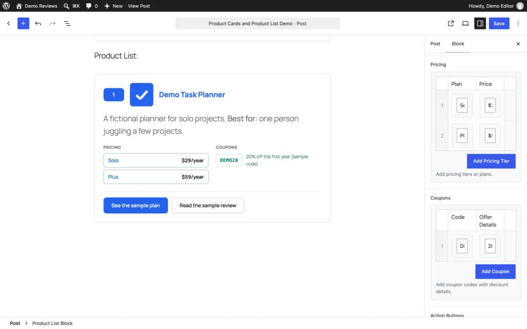 Product List block sidebar with the Pricing and Coupons repeaters filled for a fictional product