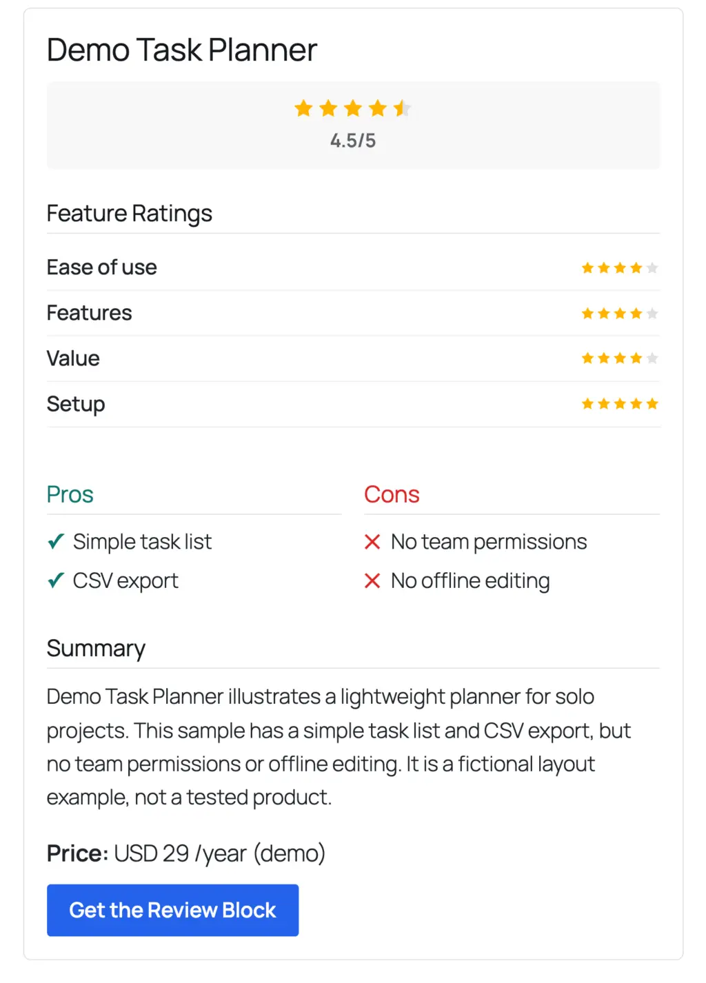 Product Review block on the front end showing a 4.5 out of 5 score, four feature ratings, pros, cons, a summary and a price