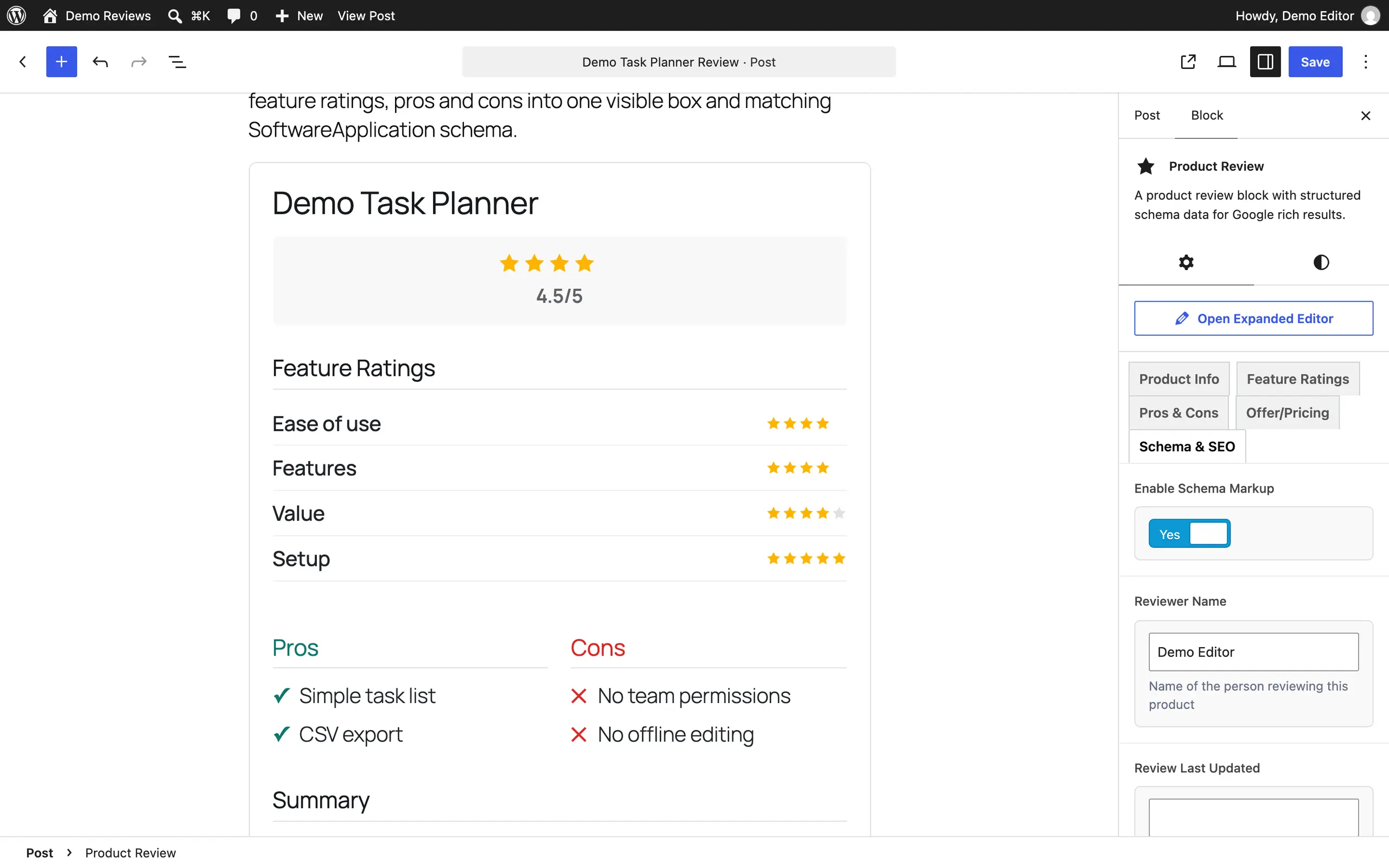 The Product Review block's schema settings