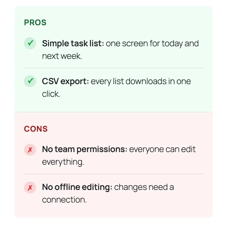 The same Pros and Cons block at phone width with the pros stacked above the cons