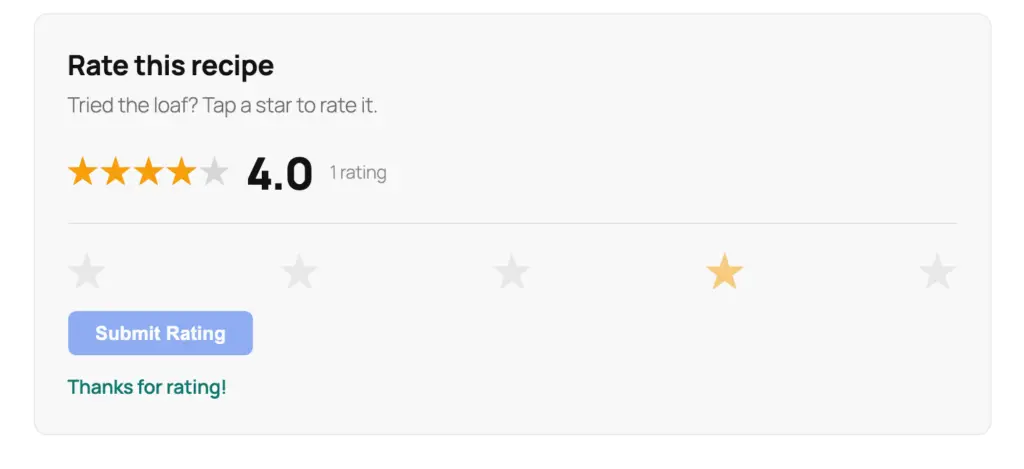 Star Rating widget after one 4-star vote, showing 4.0 from 1 rating and a thank-you message
