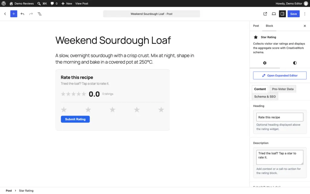 Star Rating block with the Content tab open, showing the Heading and Description fields for a recipe rating