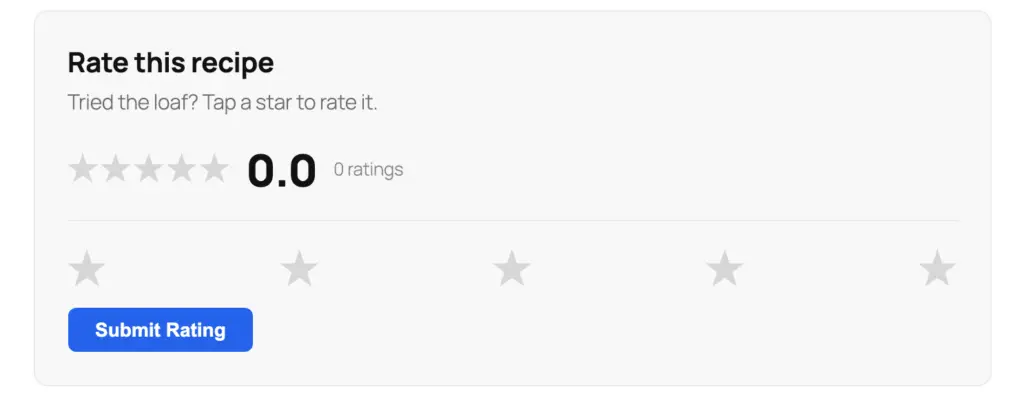 Star Rating block on the front end asking readers to rate a recipe, with 0 ratings so far and a Submit Rating button