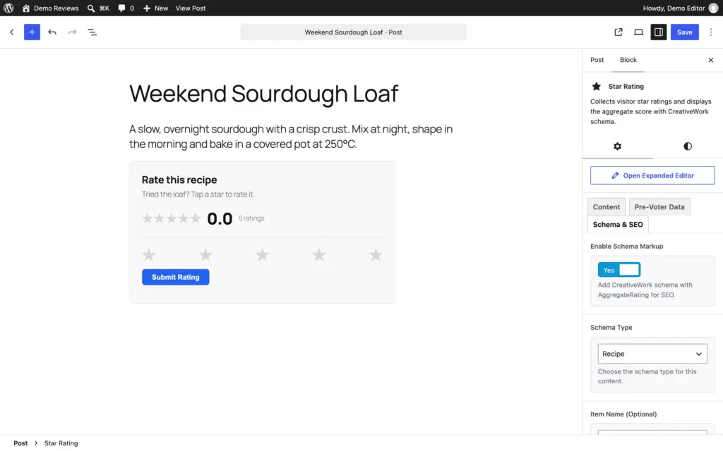 Star Rating block settings in the WordPress editor with schema markup enabled and Recipe chosen as the schema type