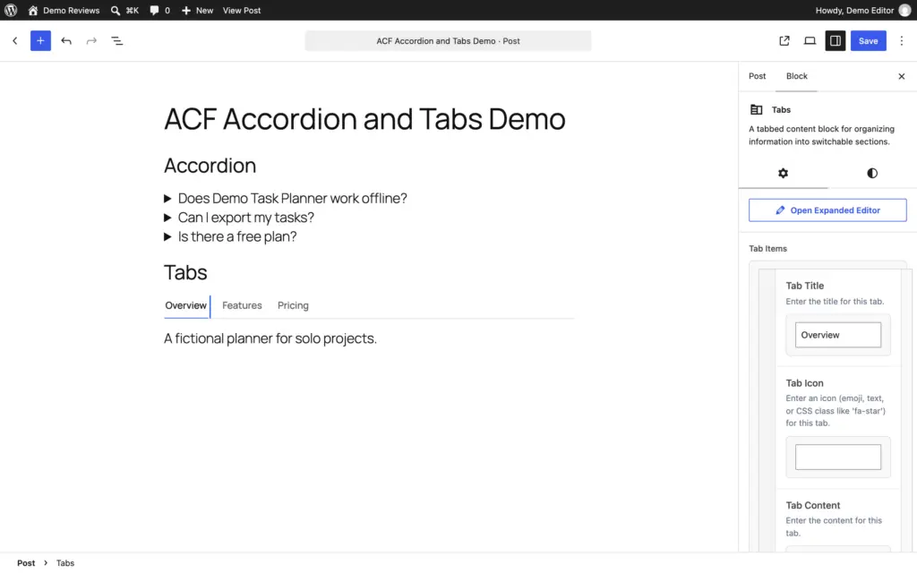 ACF Tabs block with the Tab Items repeater showing the Tab Title, Tab Icon and Tab Content fields