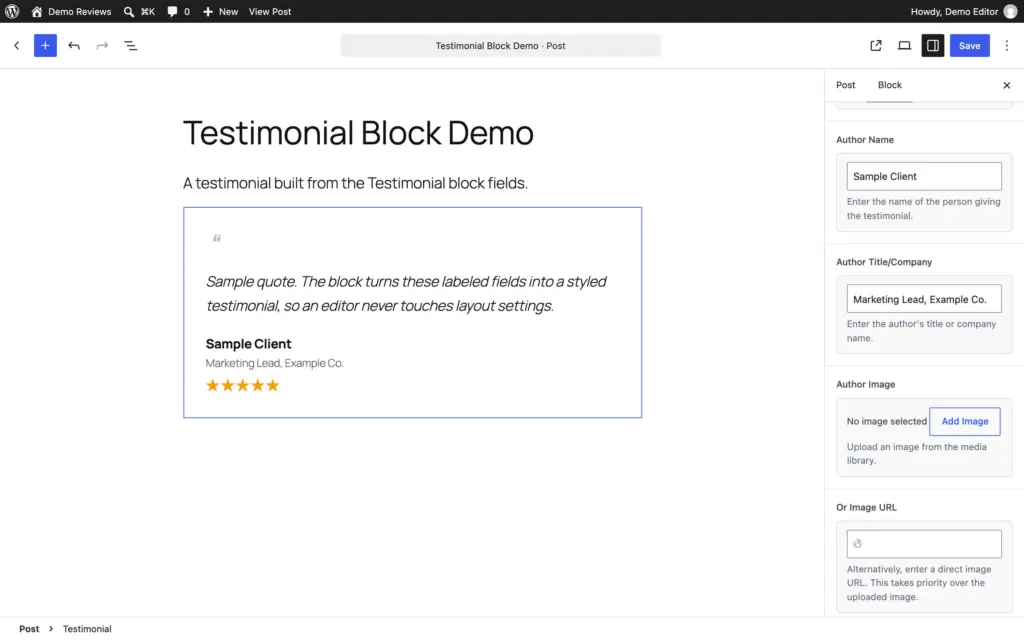 Testimonial block in the WordPress editor with the Author Name and Author Title/Company fields in the sidebar