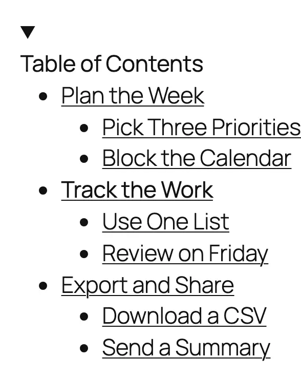 Expanded table of contents with the Track the Work link drawn bolder, with a thicker underline, while that section is on screen