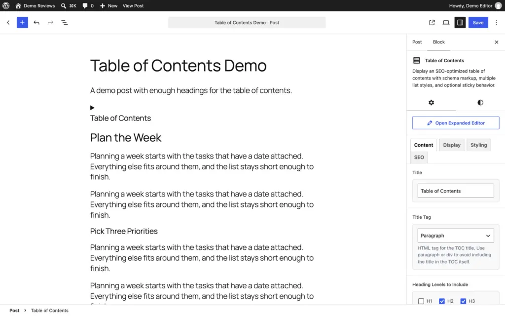 Table of Contents block Content tab with the title, title tag and heading levels H2 and H3 selected