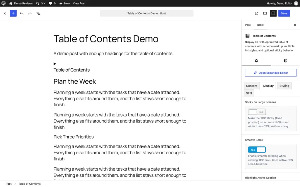 Table of Contents block Display tab with the Sticky on Large Screens toggle, whose help text promises a fixed position at 1400px and wider, and Smooth Scroll turned on