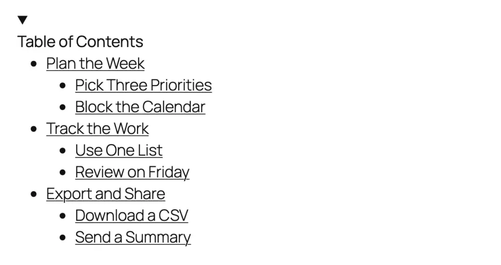 Expanded table of contents listing three H2 sections with two H3 subsections under each