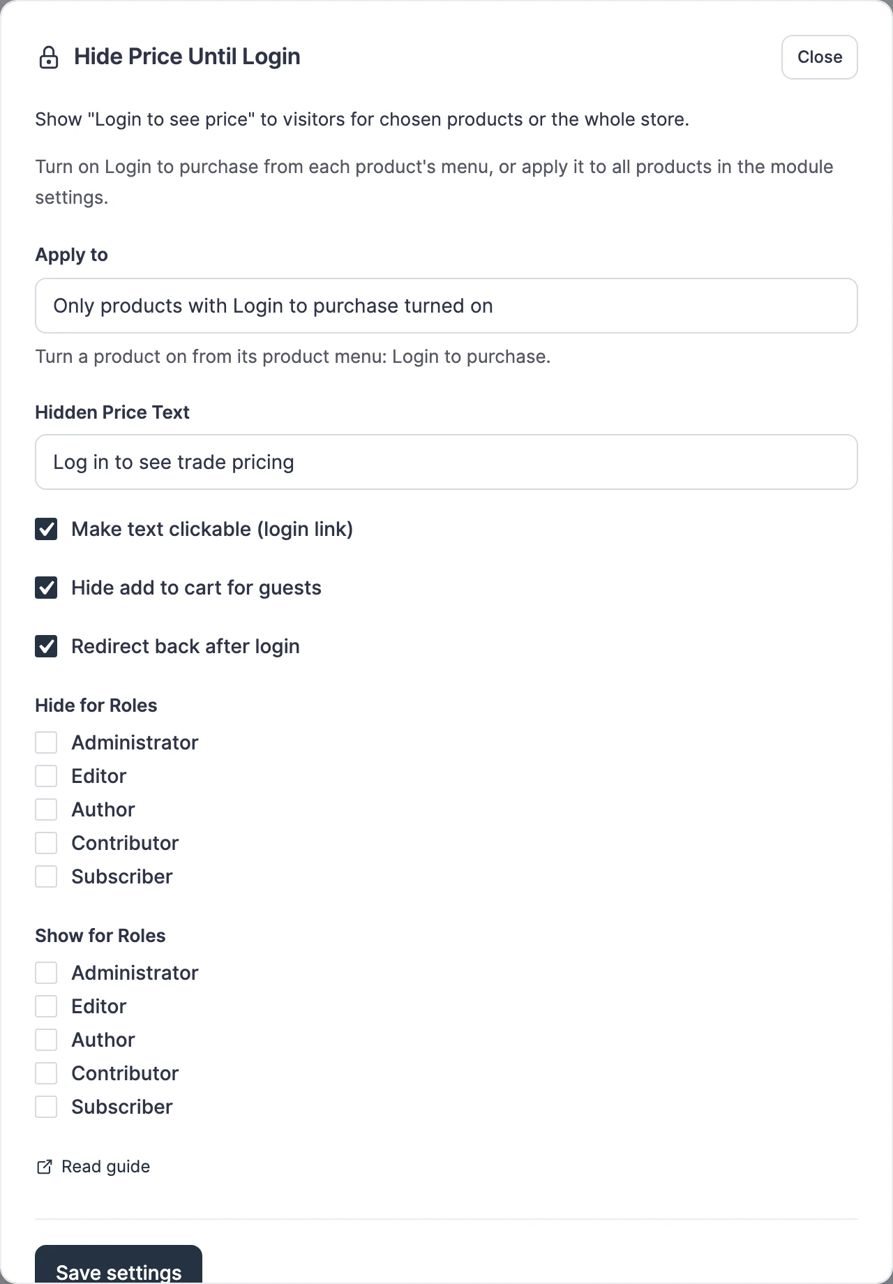 Hide Price Until Login settings in GT Extensions with Apply to set to products with Login to purchase turned on, plus hidden price text, login link, hide add to cart, redirect and role options