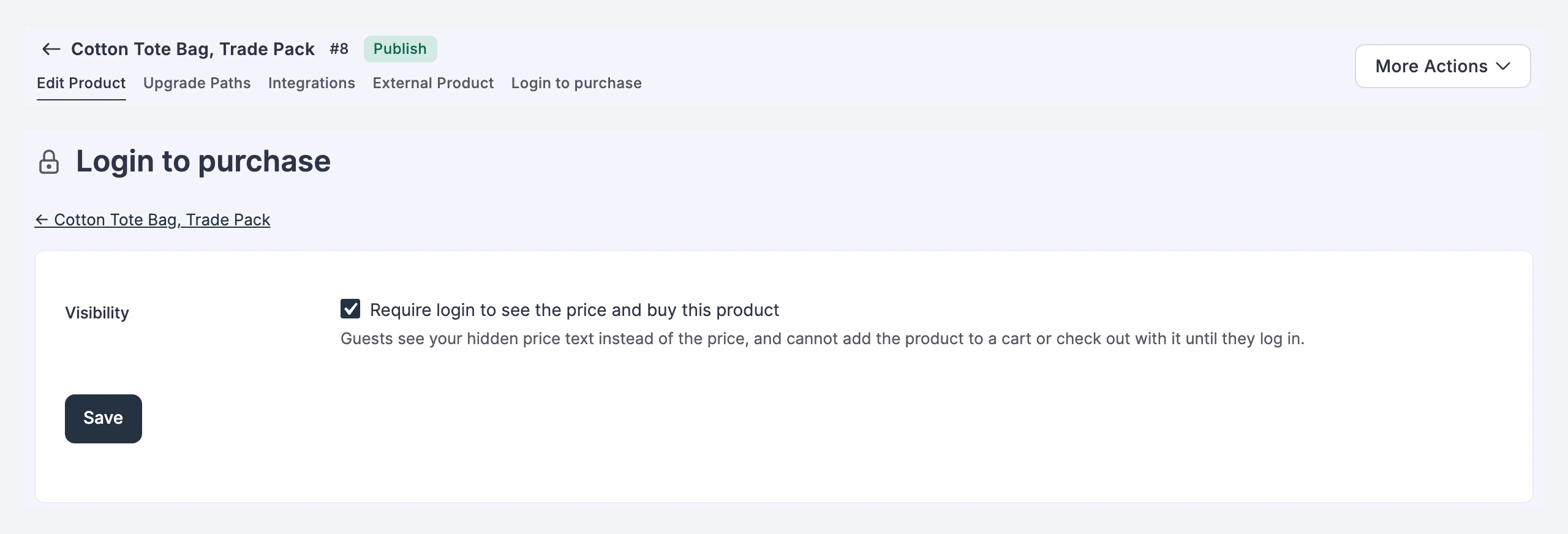 Login to purchase tab in a FluentCart product menu with the Require login to see the price and buy this product checkbox turned on