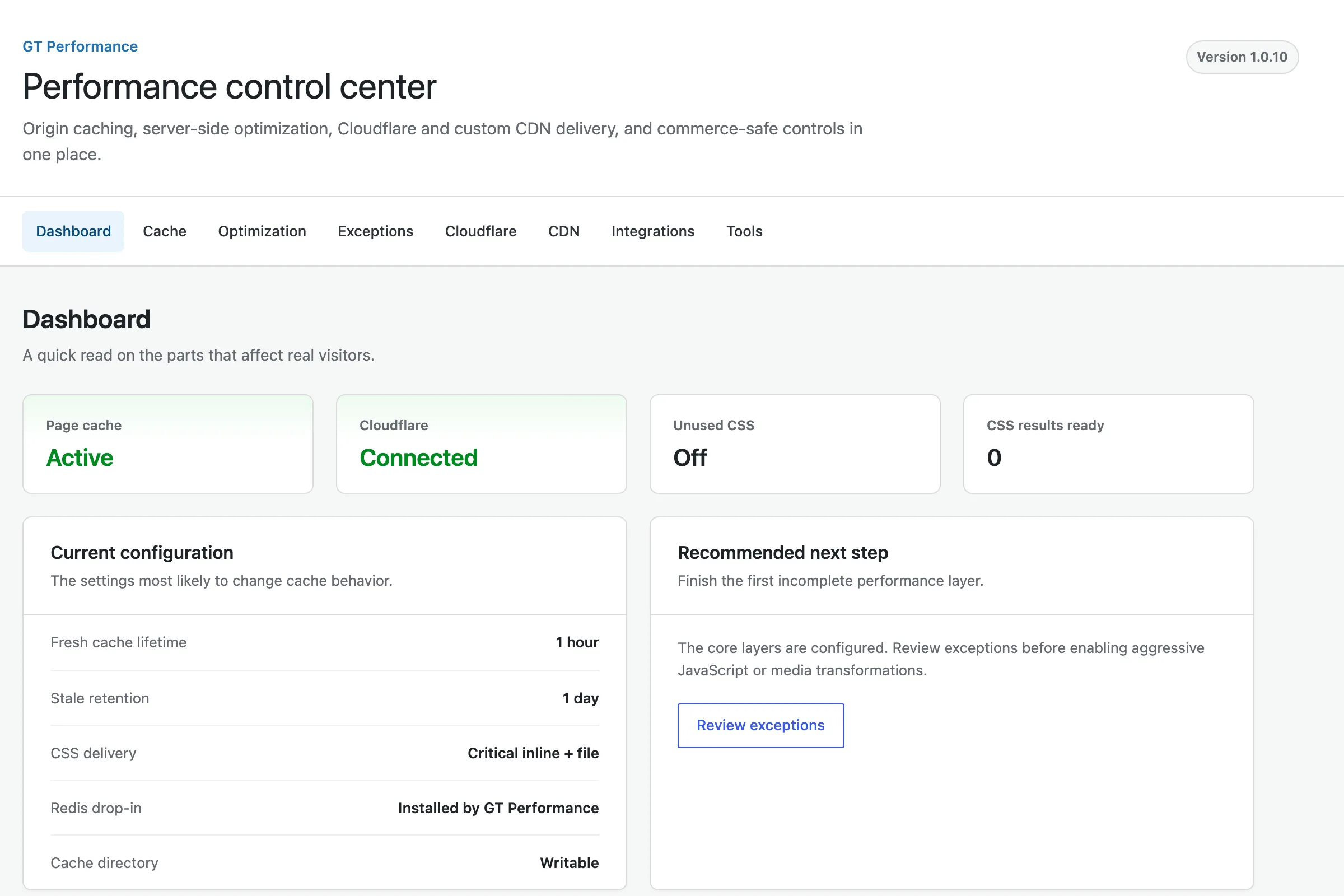 GT Performance dashboard showing page cache active, Cloudflare connected, and the current cache configuration