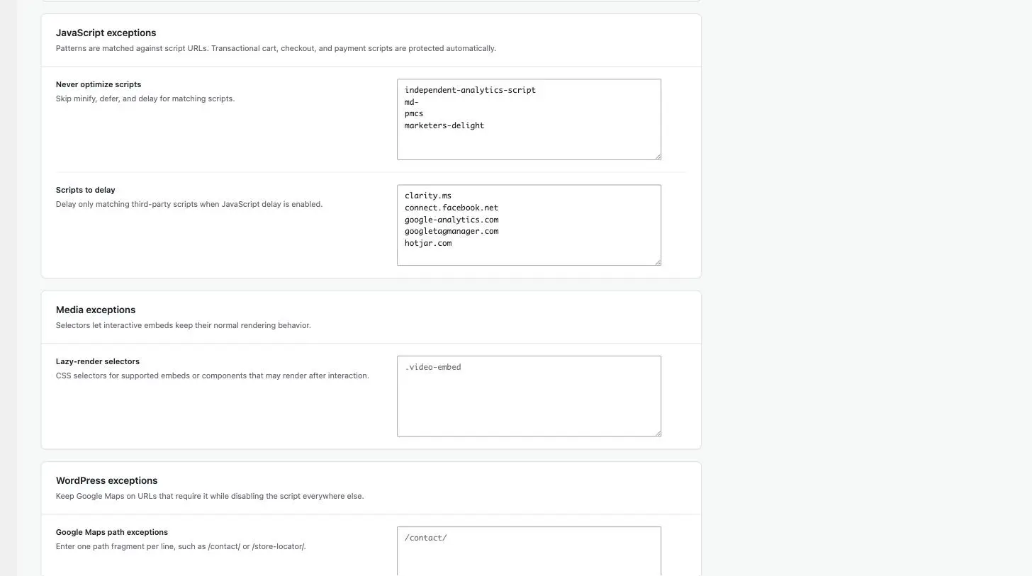 GT Performance Exceptions tab showing the Never optimize scripts list and the Scripts to delay list with 5 analytics hosts: Clarity, the Facebook pixel, Google Analytics, Google Tag Manager and Hotjar