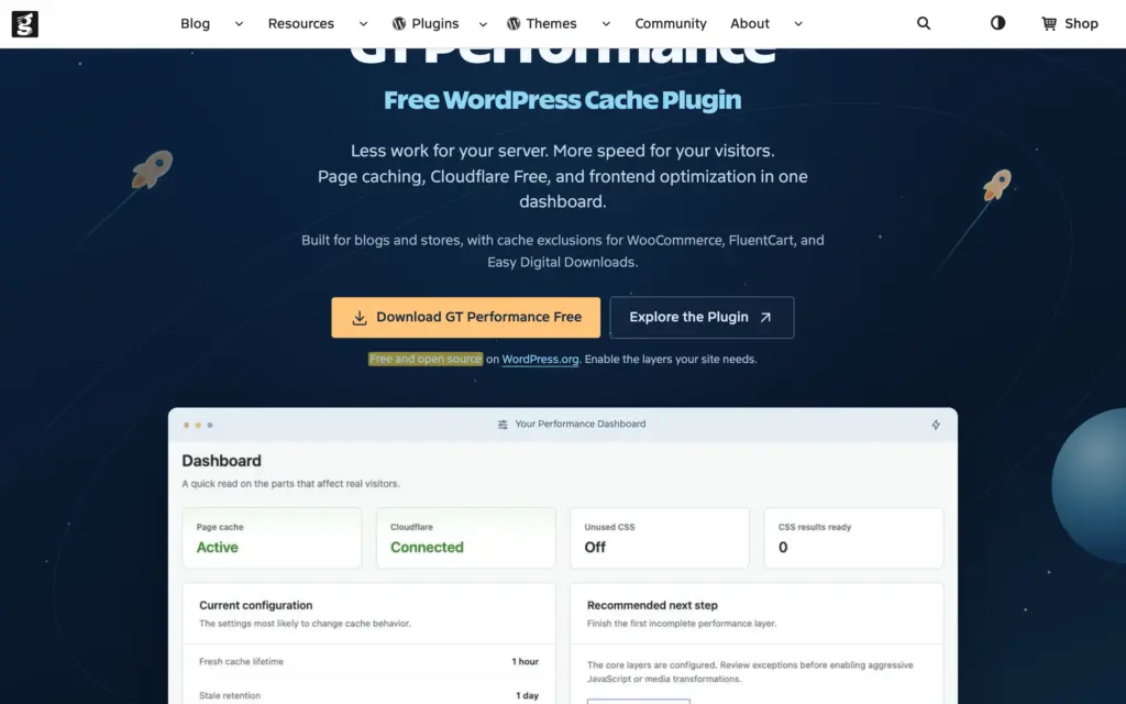 GT Performance product page describing the free, open source WordPress performance plugin with page cache, Cloudflare Free and server-side unused CSS removal