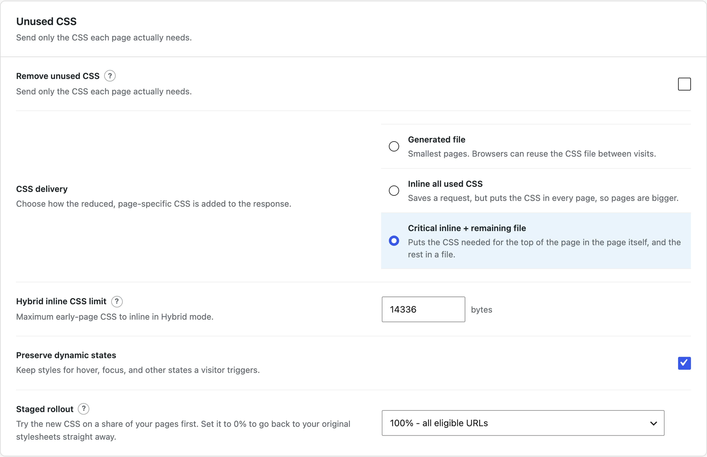 Unused CSS settings in GT Performance 1.0.10 showing the three CSS delivery modes, the hybrid inline limit, dynamic-state preservation, and the staged rollout control