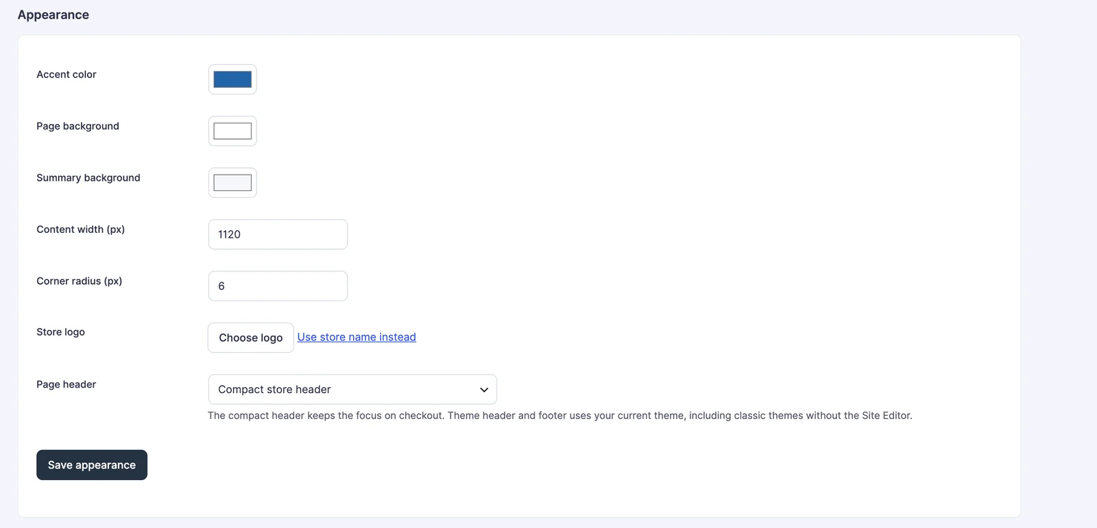 Checkout appearance settings for colors, logo, width and page header