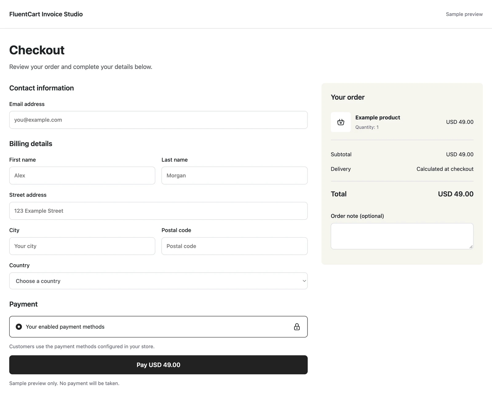 Classic checkout design in GT Extensions for FluentCart. Customer details on the left, with the order summary on the right.