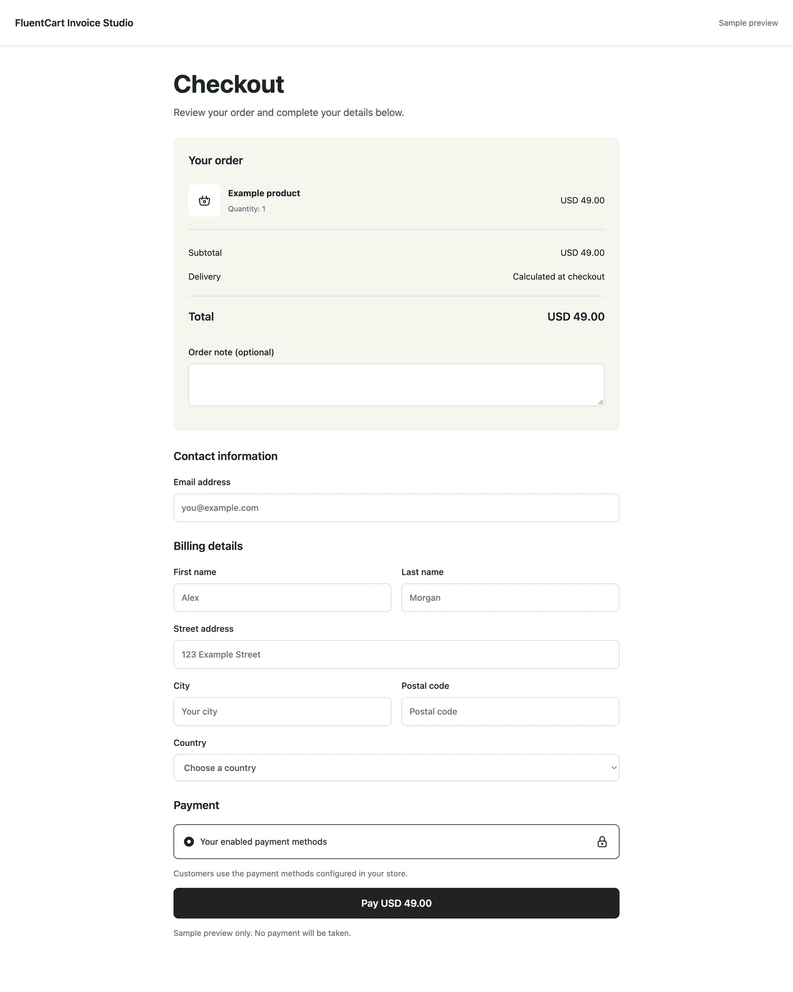 Focused checkout design in GT Extensions for FluentCart. A centered single column, with the order summary above customer details and payment.