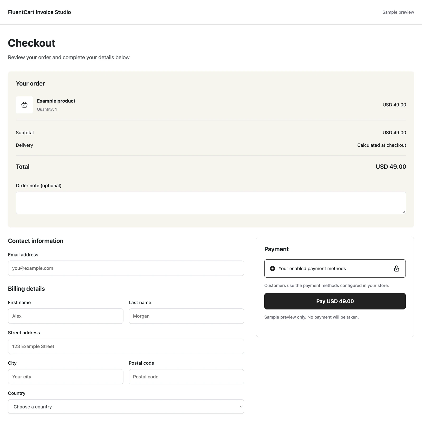 Review First checkout design in GT Extensions for FluentCart. A full-width order review above customer details and payment in separate columns.