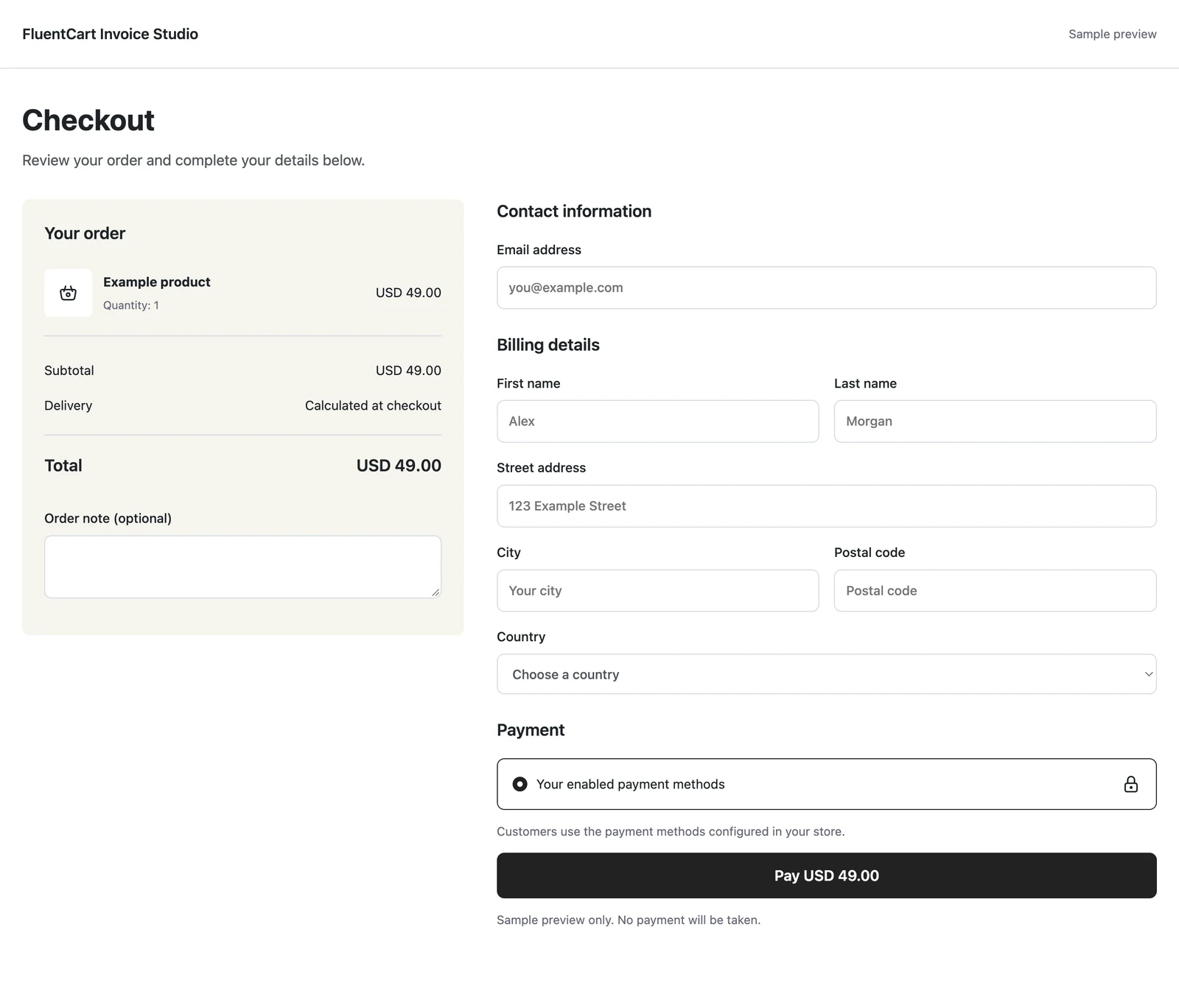 Split checkout design in GT Extensions for FluentCart. Order summary on the left, with customer details and payment on the right.