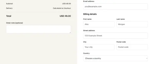 Warm Split checkout design in GT Extensions for FluentCart. A warm order panel beside a spacious white checkout and a bold purchase button.
