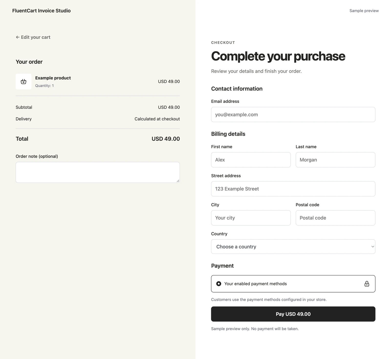 Warm Split checkout design in GT Extensions for FluentCart. A warm order panel beside a spacious white checkout and a bold purchase button.