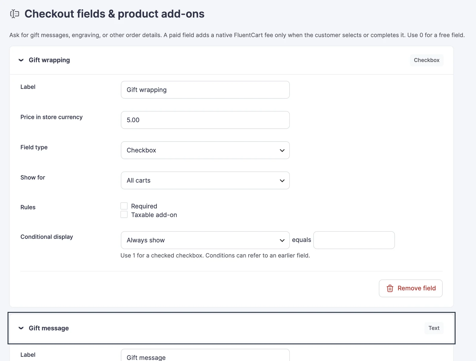 Gift wrapping checkbox field with price, cart scope and conditional settings