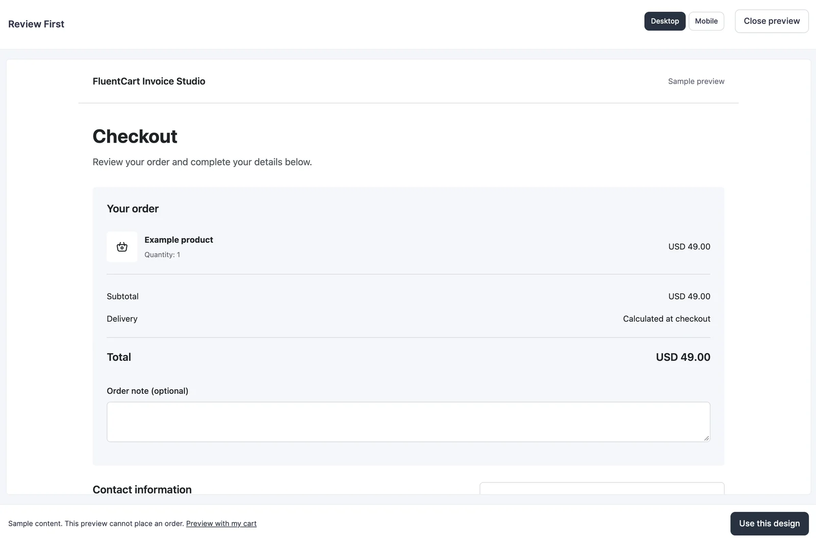 Checkout design preview with desktop and mobile controls