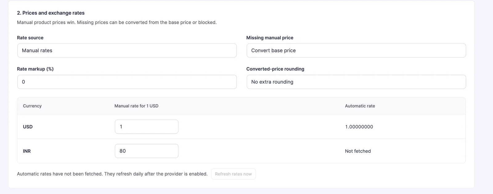 Manual exchange rates, markup and price rounding controls