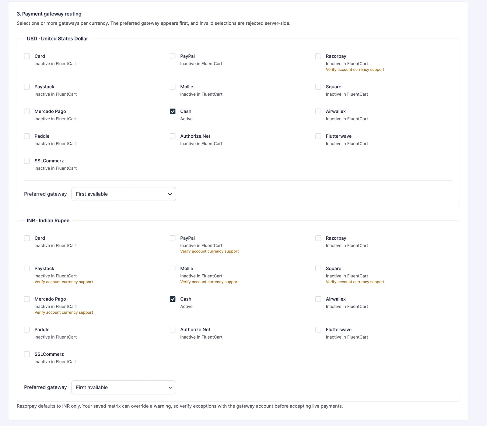 Payment gateway choices and preferred gateway for each currency