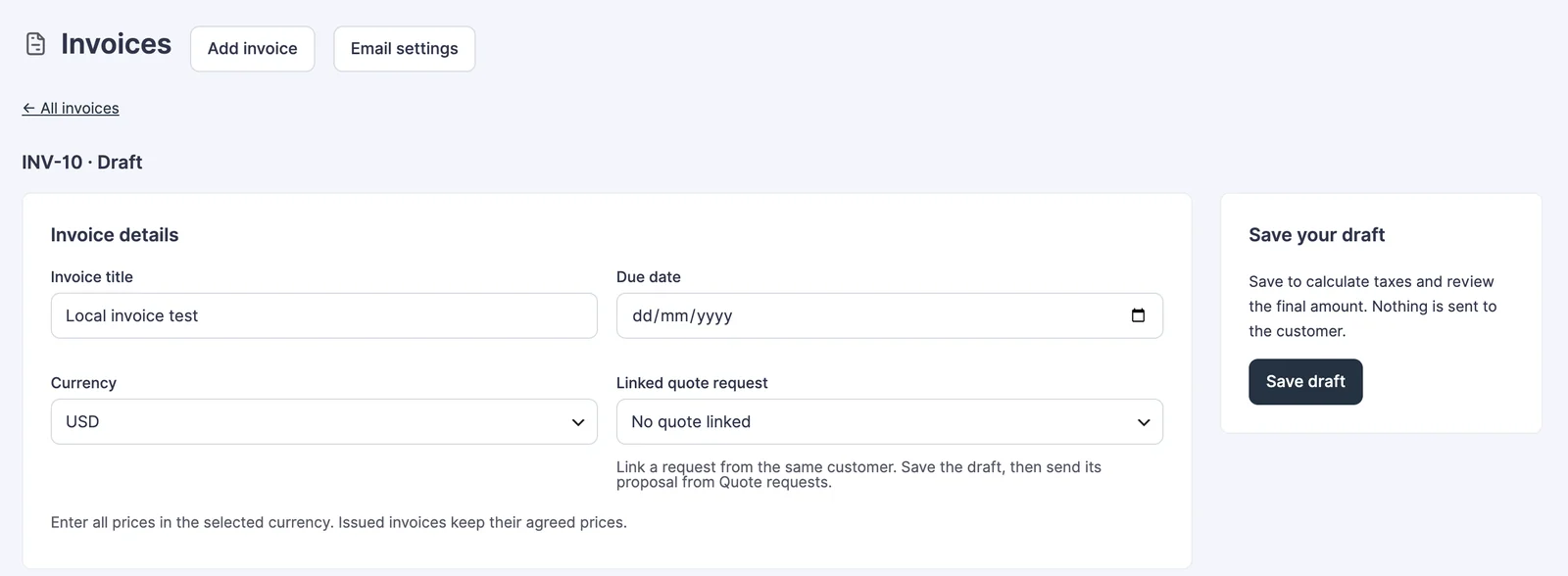 Invoice details with currency, due date and linked quote request