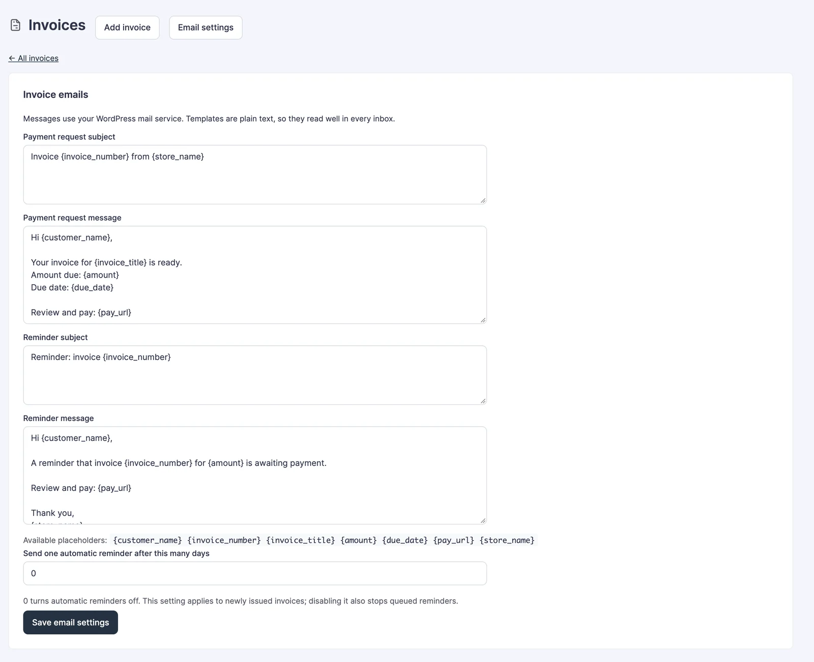 Invoice payment-request and reminder email templates