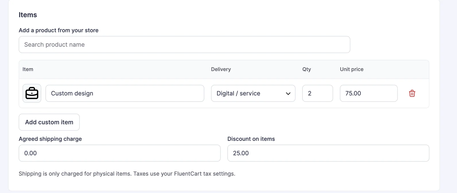 Invoice item editor with an icon, delivery type, quantity and unit price