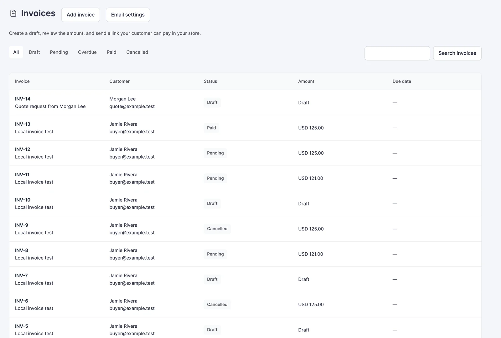 Invoice list with draft, pending, paid and cancelled status filters