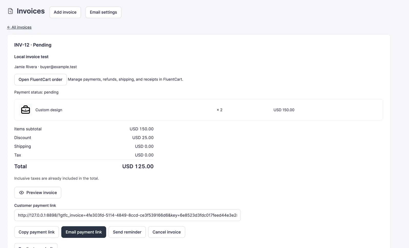Pending invoice with preview, payment-link and reminder actions