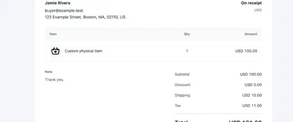 Customer invoice preview with awaiting-payment badge, line item and payment button