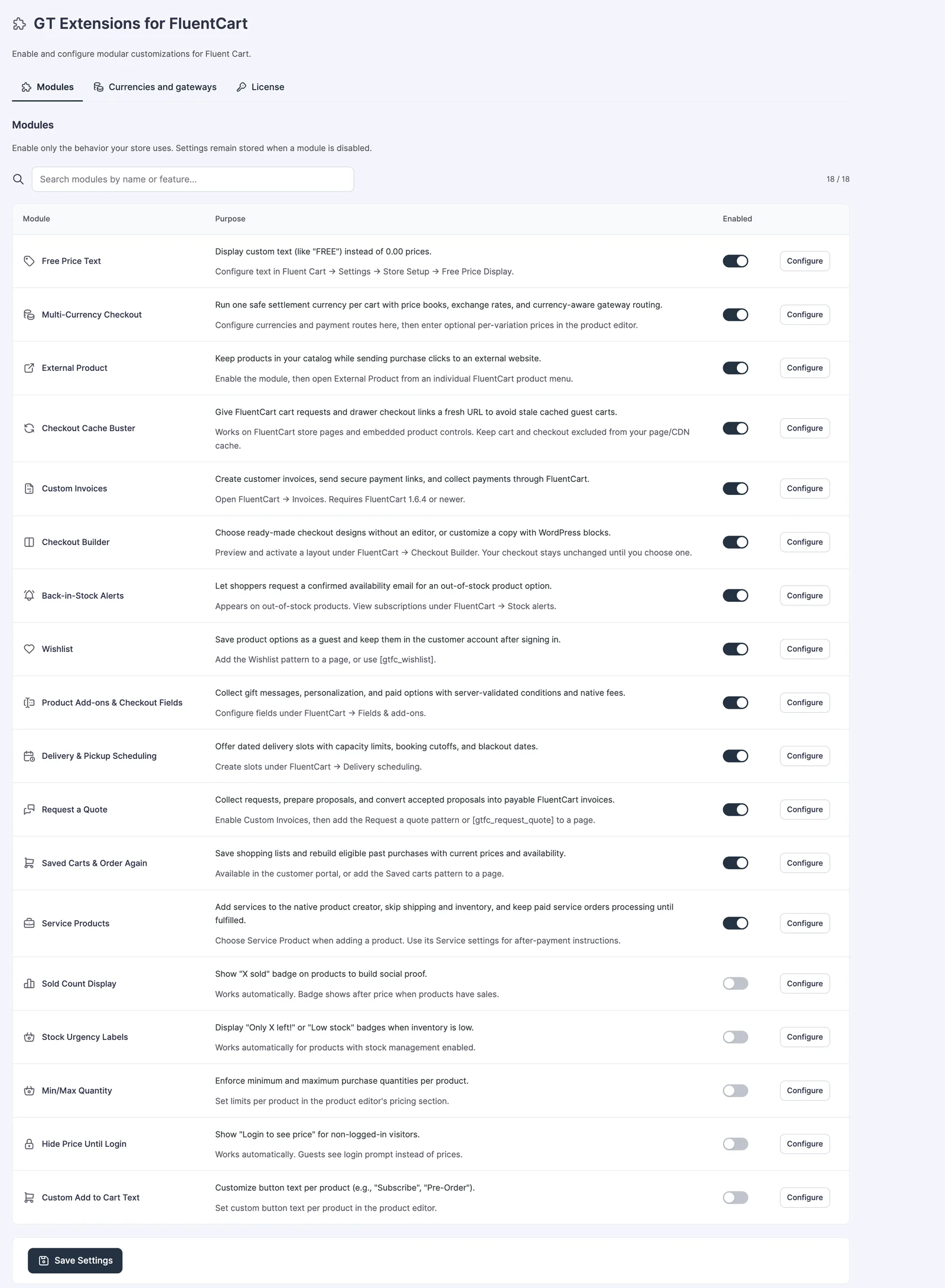 Module switches and Configure controls in GT Extensions for FluentCart