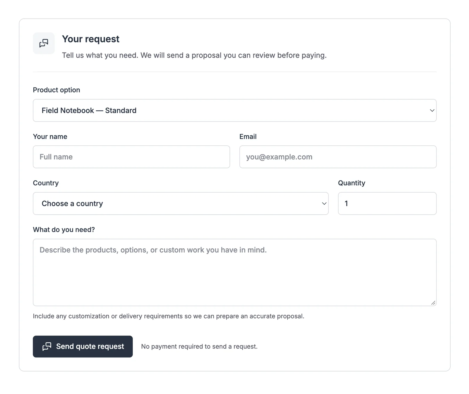Request a Quote form with product option, name, email, country, quantity and message