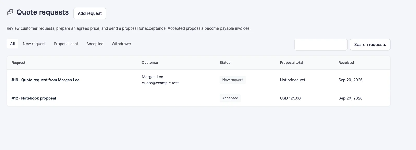 Quote request list showing new and accepted requests