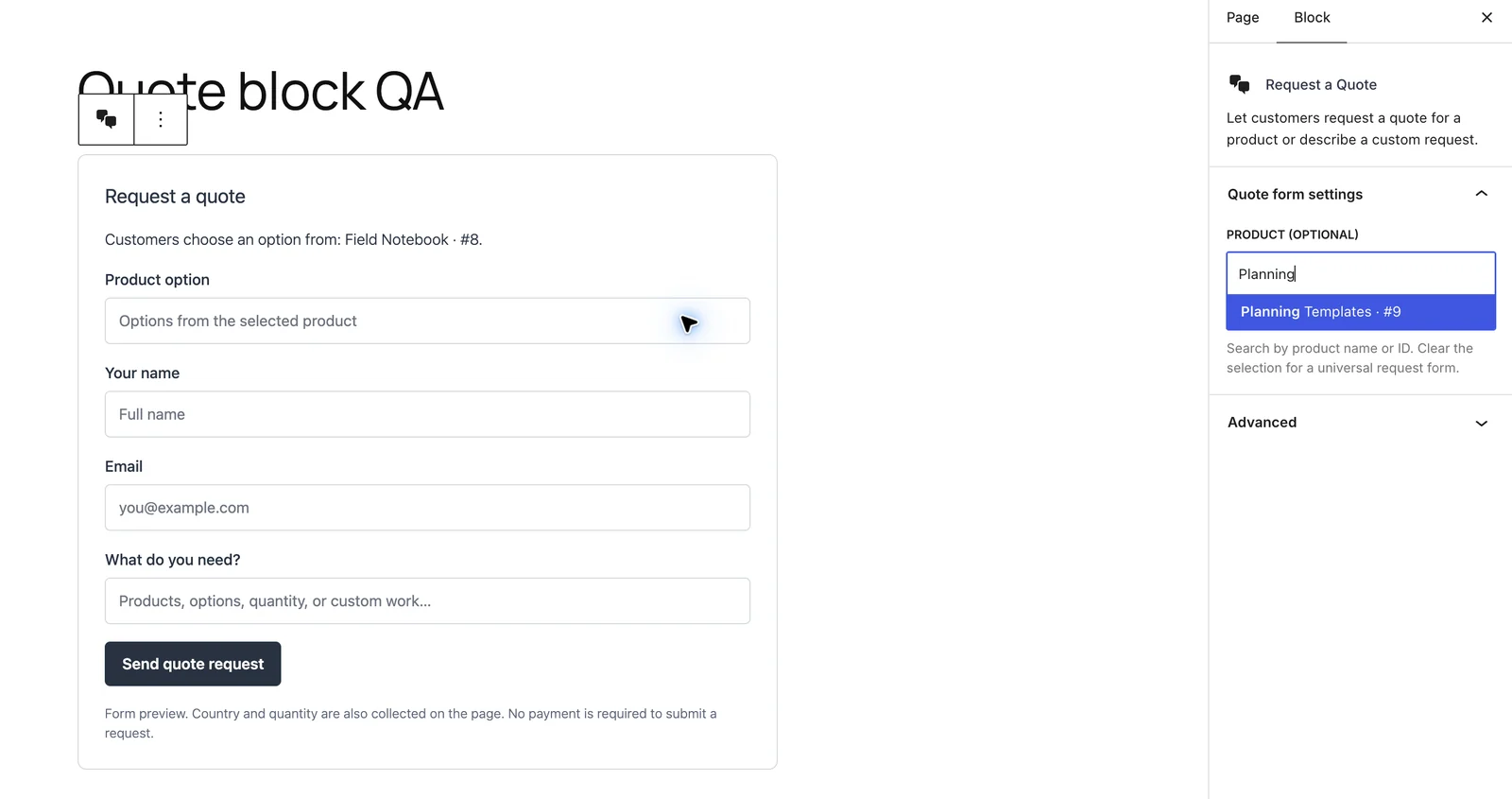Request a Quote block with searchable product selection in the editor sidebar