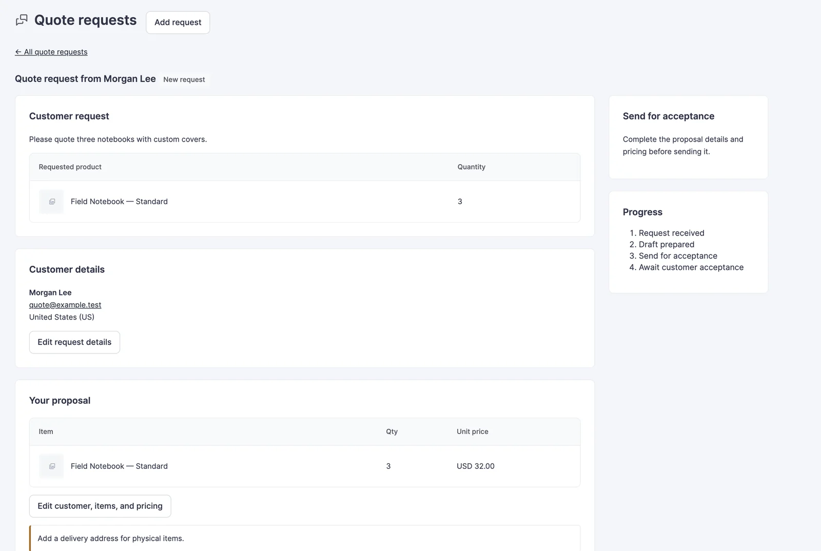 Quote request workspace showing customer details and proposal preparation