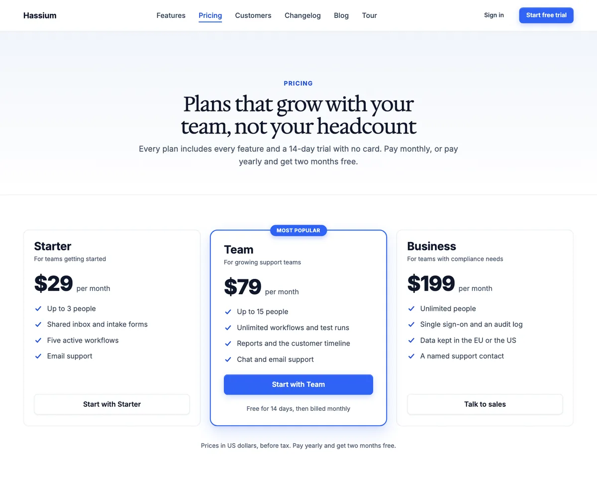 Hassium's pricing page with three plans side by side and the middle plan marked most popular