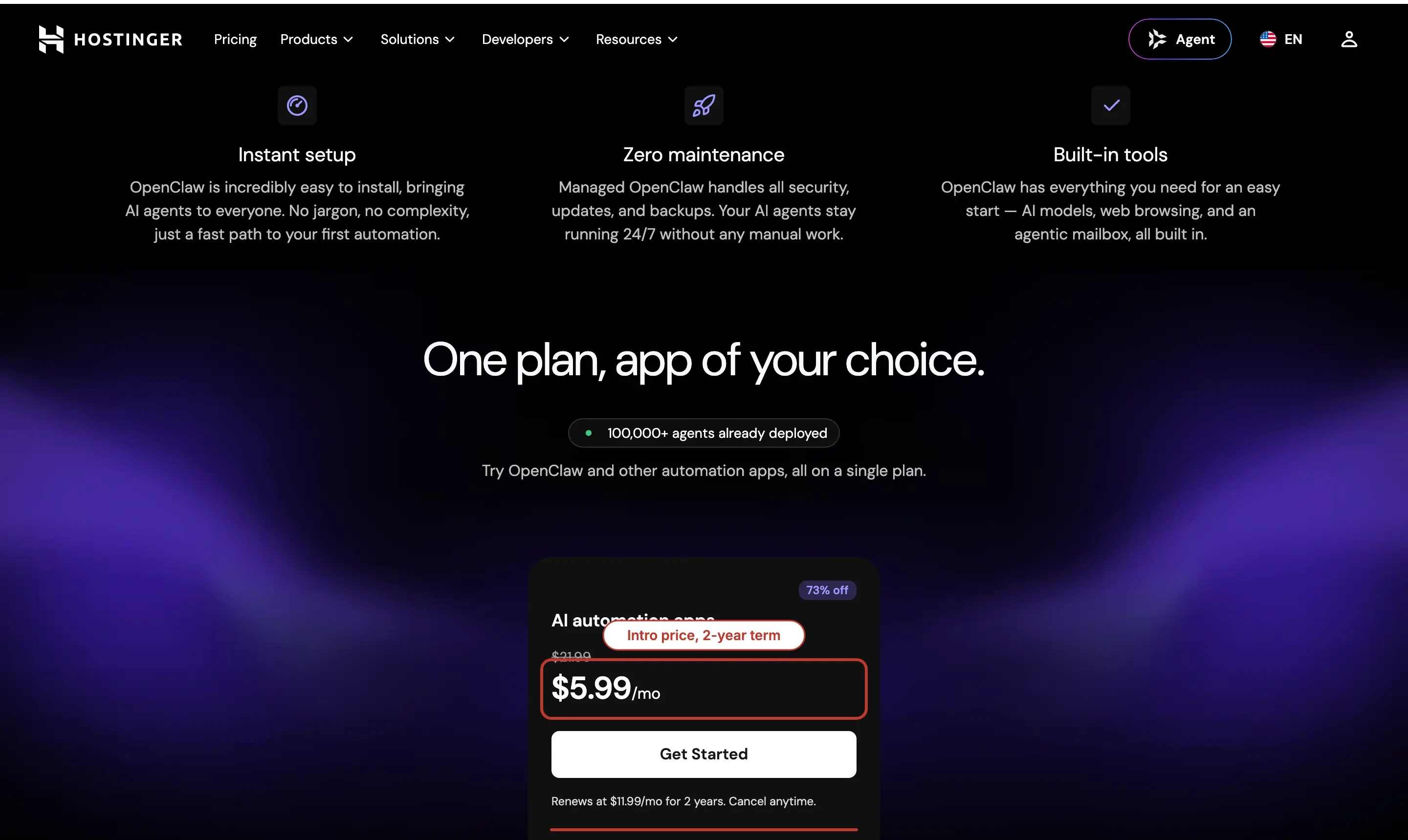 Hostinger's Managed OpenClaw plan card showing the $5.99 a month intro price on a 2-year term and the renewal line of $11.99 a month