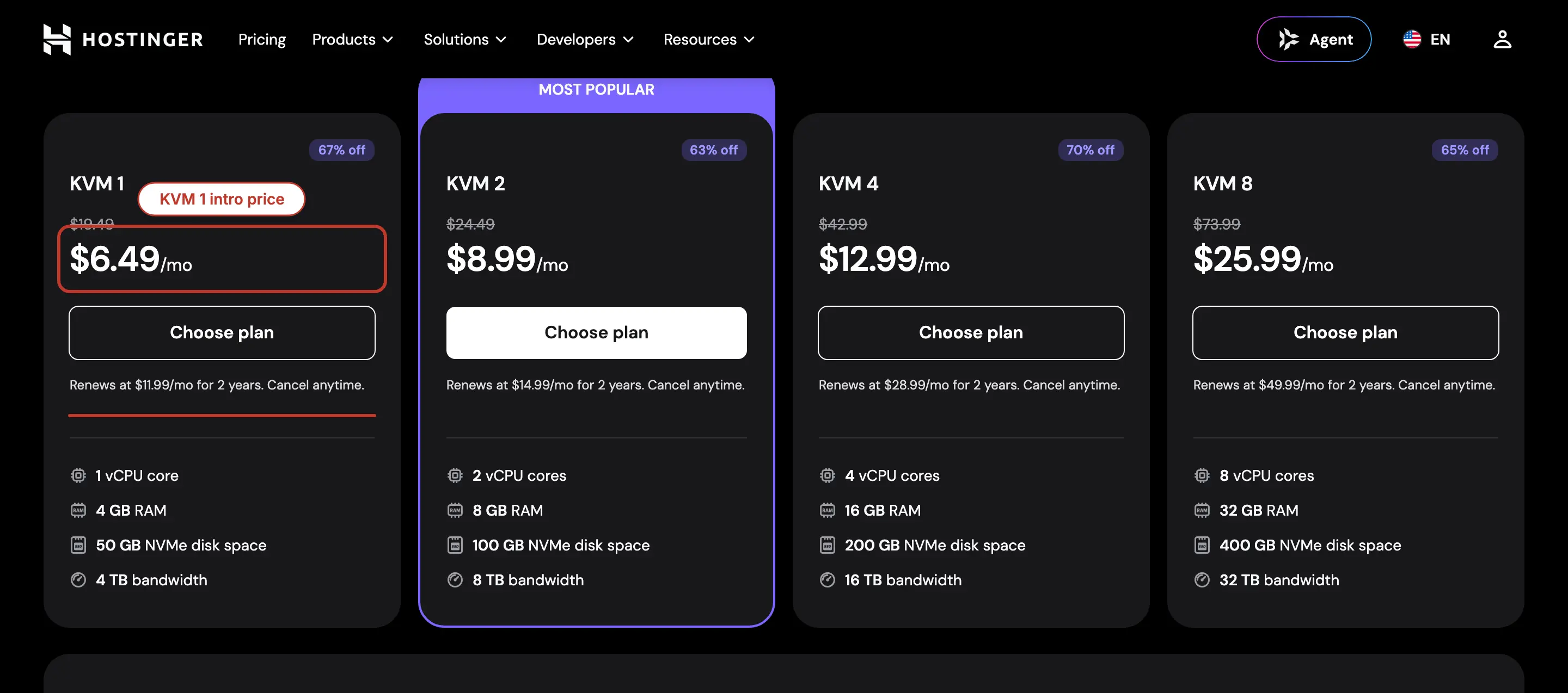 Hostinger OpenClaw VPS plan cards for KVM 1, KVM 2, KVM 4 and KVM 8 with the KVM 1 intro price of $6.49 a month boxed and its renewal line of $11.99 a month underlined