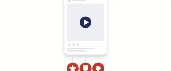 A phone-shaped post card with a play button, and beneath it three tokens: a star for gifts, a badge for subscriptions and a price tag for product tags