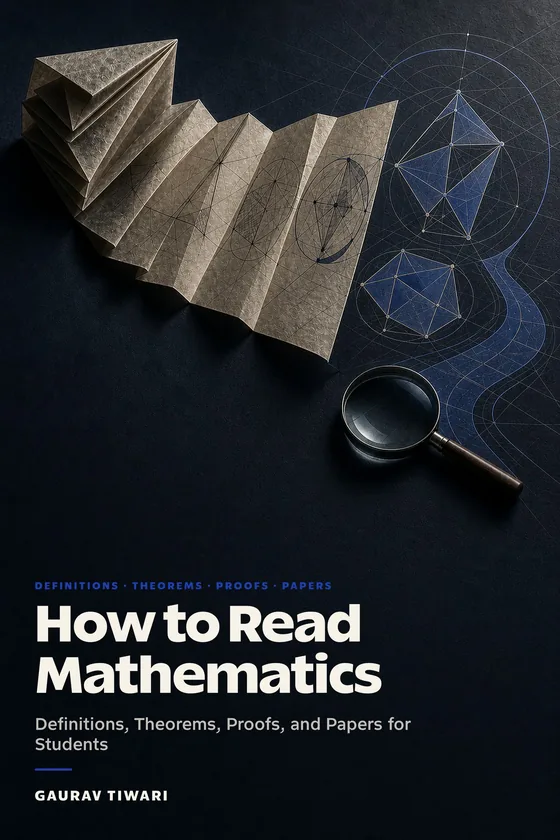 Front cover of How to Read Mathematics by Gaurav Tiwari: a folded sheet of paper opening into geometric diagrams beside a magnifying glass.